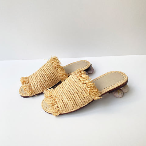raffia flats, summer slides, sliders, slide shoes, raffia sandals, raffia shoes, resort fashion, slides for women, women's summer shoes, moroccon shoes, flat shoes, artisan shoes, bohemian fashion, boho style shoes, fringe, summer sandals