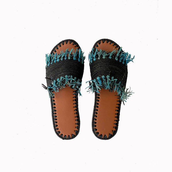 raffia flats, summer slides, sliders, slide shoes, raffia sandals, raffia shoes, resort fashion, slides for women, women's summer shoes, moroccon shoes, flat shoes, artisan shoes, bohemian fashion, boho style shoes, fringe, summer sandals