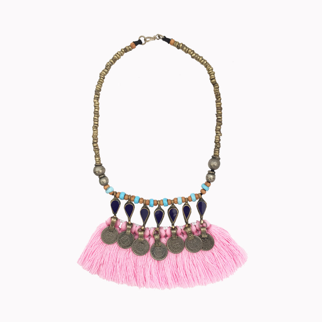 Fringe necklace, Statement jewellery, Big necklace, Pink necklace, Ethnic style