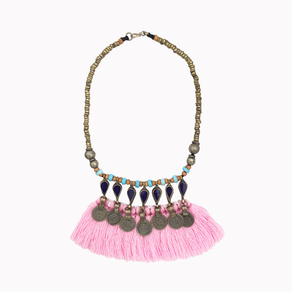 Fringe necklace, Statement jewellery, Big necklace, Pink necklace, Ethnic style